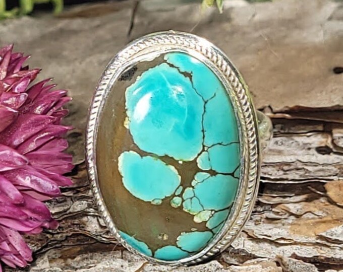 Tibetan Turquoise .925 Sterling Silver Ring, Turquoise Boho Ring, Statement Ring; Handmade Ring, Premium Tibet Turquoise,Quality Ring Size 8