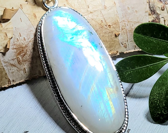 Natural AAAA Grade Multi Full Flash Rainbow Moonstone Handmade Oval .925 Sterling Silver Pendant Measures 2 1/2" x 7/8" Weighs 19 Grams CS08