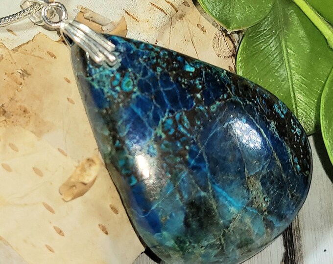 Natural High Grade Azurite Cabochon .925 Sterling Silver Pendant 1 7/8" x 1" 13 Grams ES26 Custom Fit Sterling Silver Bail