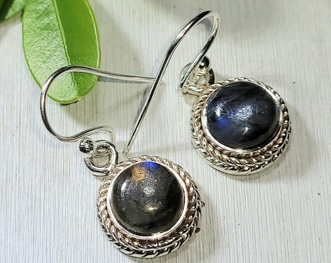 Natural Choice Grade Round Labradorite Handmade .925 Sterling Silver Earrings 5 Grams 1" x 7/16" AQ12