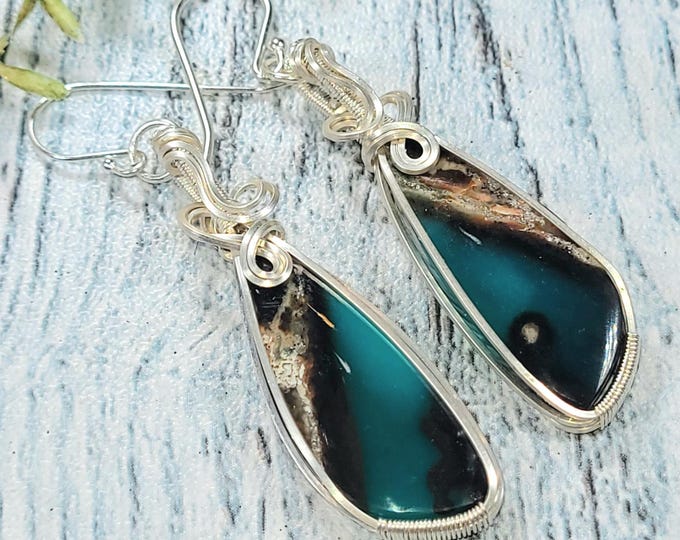 Blue Opalized Earrings, Opalized Sterling Silver Wire Wrapped Earrings, Petrified Wood Earrings, Handmade Earrings, Gift for Her JF11