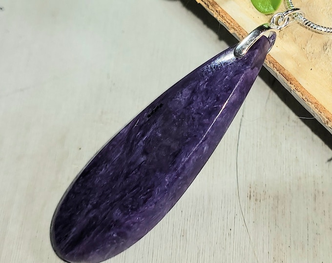 Natural AAA Charoite Oval Cabochon .925 Sterling Silver Pendant  2 1/4" x 5/8" EH13 Sterling Silver Bail