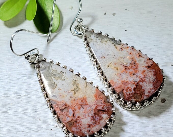 Natural Premium Grade Colorful Crazy Lace Agate Handmade .925 Sterling Silver Crown Setting Earrings 11 Grams 1 7/8" x 11/16" AR01