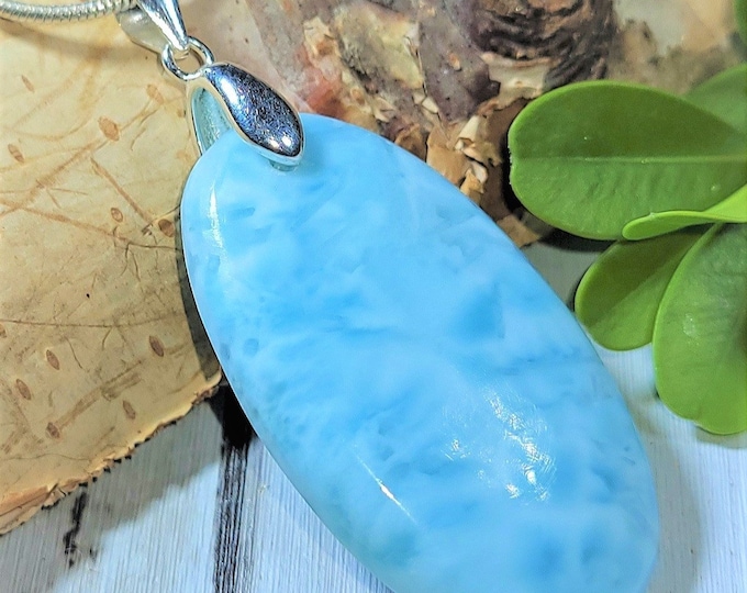 Natural High Grade Dominican Larimar Cabochon .925 Sterling Silver Pendant 1 7/8" x 13/16" 10 Grams AN50 Sterling Silver Bail