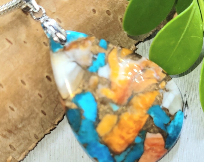 Turquoise Pendant, Spiny Copper Oyster Kingman Turquoise Pear Cabochon Sterling Silver Pendant, Gift for Her, Statement Pendant. FP34