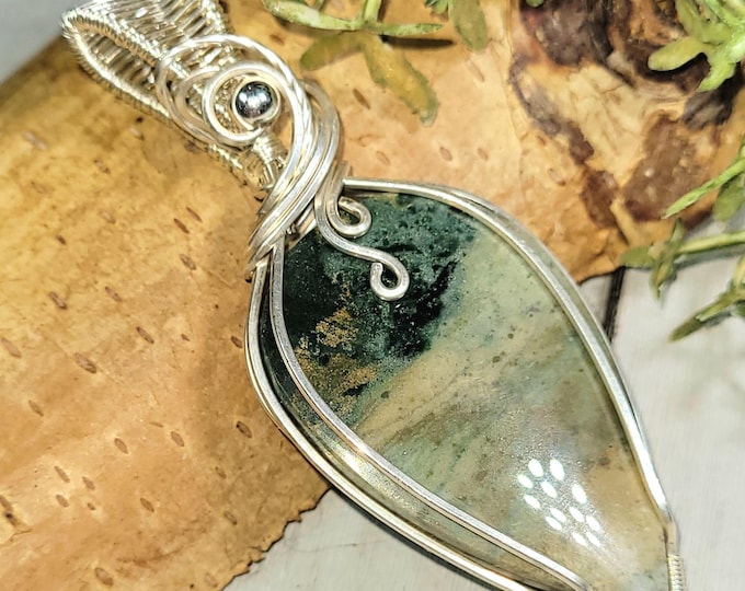 Multi-Colored Opalized, Petrified Wood Wire Wrapped .925 Silver Pendant, Sterling Silver Wire Wrapped Pendants, Opalized Wood Pendant  HN01