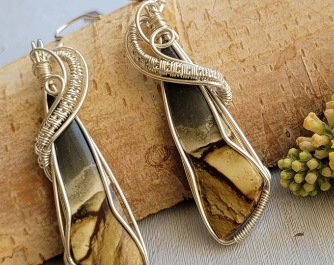Natural Poly Chrome Jasper Pear wire wrapped .925 Silver Earrings, Sterling Silver Wire Wrapped Earrings, Handmade Stone Jewelry CV24