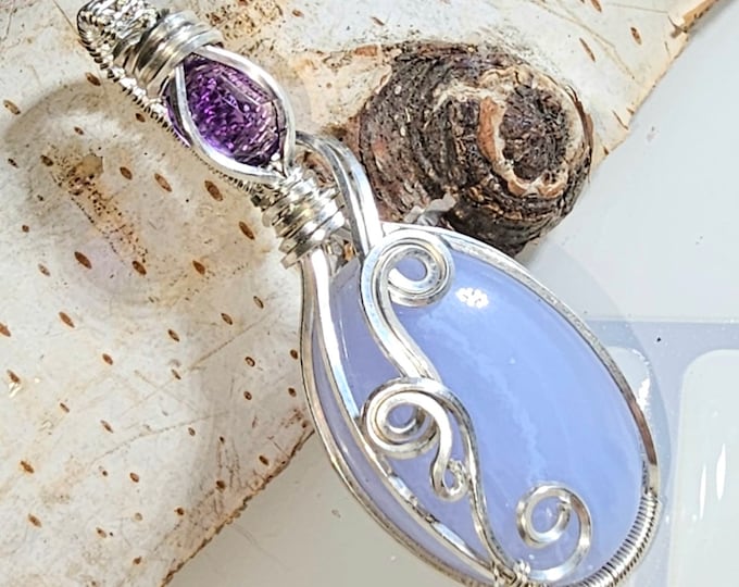 Blue Lace Agate & Amethyst Pendant, Wire Wrapped Blue Lace Agate Sterling Silver Pendant, Sterling Wire Wrapped Pendant, Gift for Her, DG28