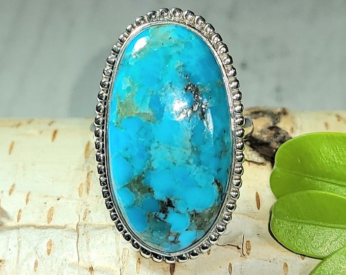 Natural High Grade Arizona Kingman Turquoise .925 Sterling Silver Ring Size 7 Weighs 8 Grams Face Measures 1 1/8" x 3/4" AH09