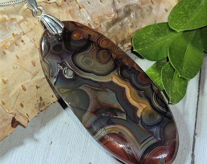 Natural AAA Grade Crazy Lace Agate Oval Cabochon .925 Sterling Silver Pendant 2 3/8" x 7/8" 8 Grams AC32 Sterling Silver Rhodium Bail