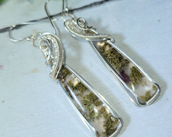Moss Agate Earrings, Moss Agate Wire Wrapped Earrings, Sterling Silver Wire Wrapped Earrings, Green Moss Agate Wire Wrap Earrings DG