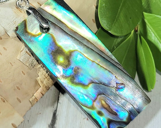Natural Multi Color Abalone Cabochon .925 Sterling Silver Pendant Custom Fit Bail  1 7/8" x 5/8" EM37