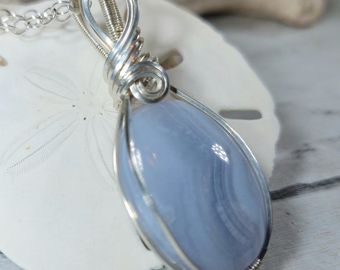 Blue Lace Agate Pendant, Wire Wrapped Blue Lace Agate Sterling Silver Pendant, Solid Sterling Wire Wrapped Pendant, Gift for Her, GG30