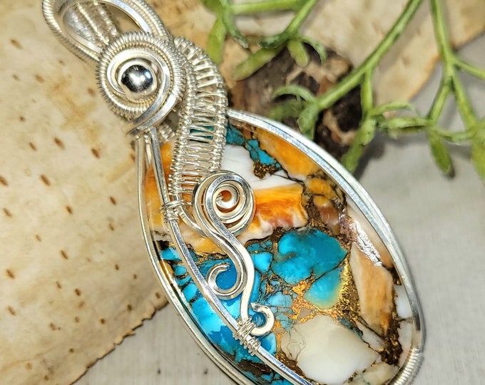 Natural Spiny Oyster Copper Turquoise Wire Wrapped .925 Sterling Silver Wire Wrapped Pendant, Handmade Stone Jewelry HH31