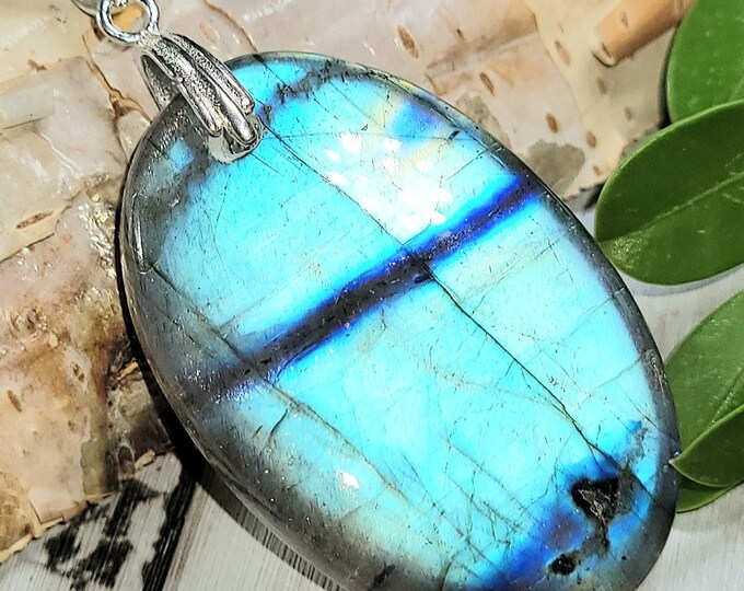 Natural Multi Flash Labradorite Oval Cabochon .925 Sterling Silver Pendant  1 7/8" x 1" ET02 Sterling Silver Bail