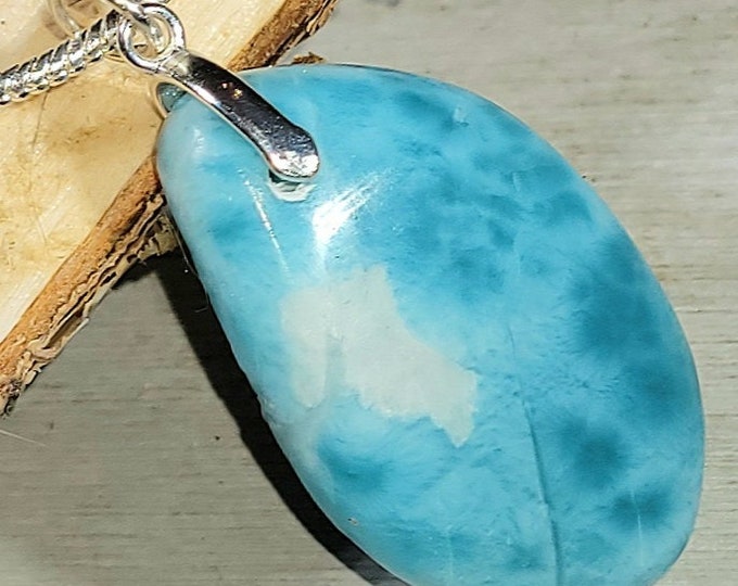 Natural Dominican Larimar Cabochon .925 Sterling Silver Pendant 1 5/8" x 3/4" 8 Grams EG36 Sterling Silver Bail