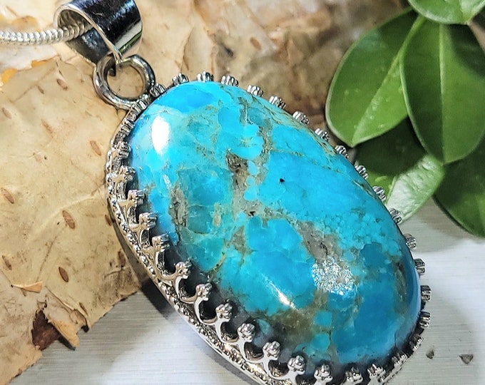 Natural Best Grade Arizona Kingman Turquoise Handmade .925 Sterling Silver Pendant 1 11/16" x 13/16" 9 grams AF24 Crown Prong Setting