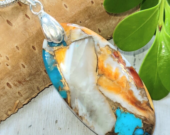 Spiny Copper Arizona Kingman Turquoise Oval Cabochon .925 Sterling Silver Pendant Rhodium Solid Sterling Silver Bail Gift for Her FP33