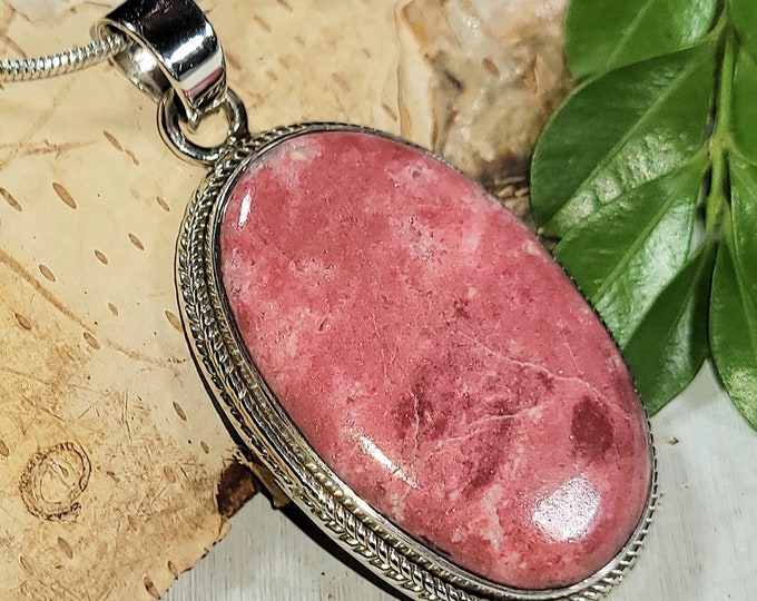 Natural Best Grade Pink Thulite Handmade Oval .925 Sterling Silver Pendant Measures 1 7/8" x 1" Weighs 12 Grams AN30