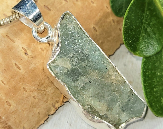 Natural Genuine Large Raw Aquamarine Rough Cut Handcrafted  .925 Sterling Silver Pendant 1" X 1/2" 7.0 Grams FW04
