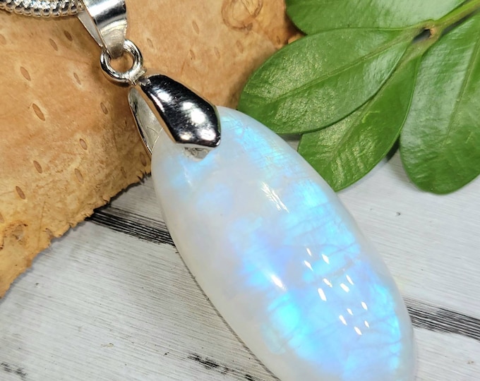Moonstone Pendant, Rainbow Moonstone Oval Cabochon Sterling Silver Pendant, Full Blue Flash Moonstone, Gift for Her, Handmade Pendant, CR25