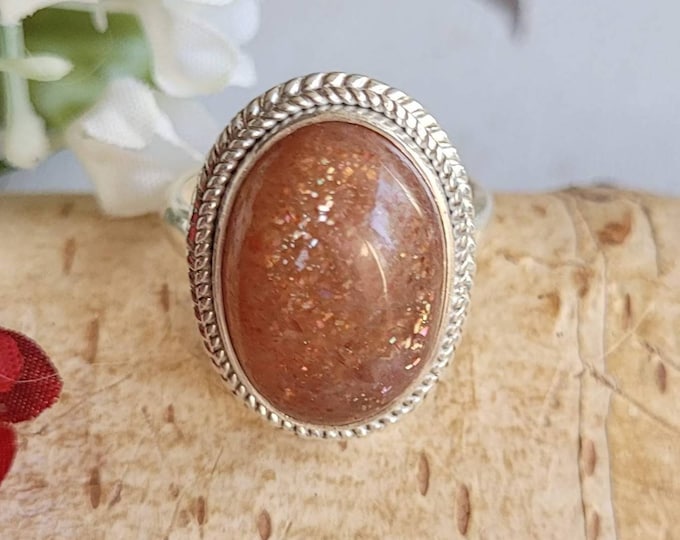 Natural Handmade Oval Sunstone Sterling Silver Ring Size 6.5 Genuine Stone Boho