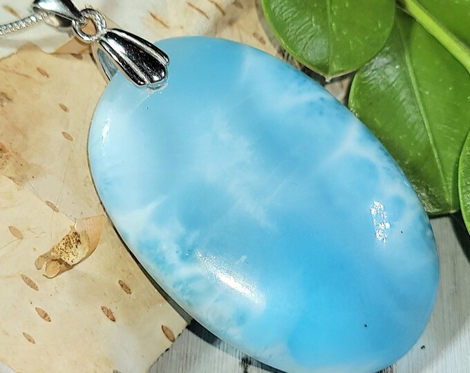 Natural AA Dominican Larimar Cabochon .925 Sterling Silver Pendant 2" x 1" 10 Grams ES25 Sterling Silver Rhodium Plated Bail