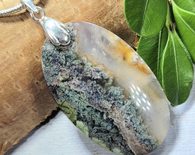 Moss Agate Pendant, Handmade Moss Agate Cabochon Sterling Silver Pendant, Solid Sterling Silver Bail, Gift for Her, Statement Pendant, FJ14