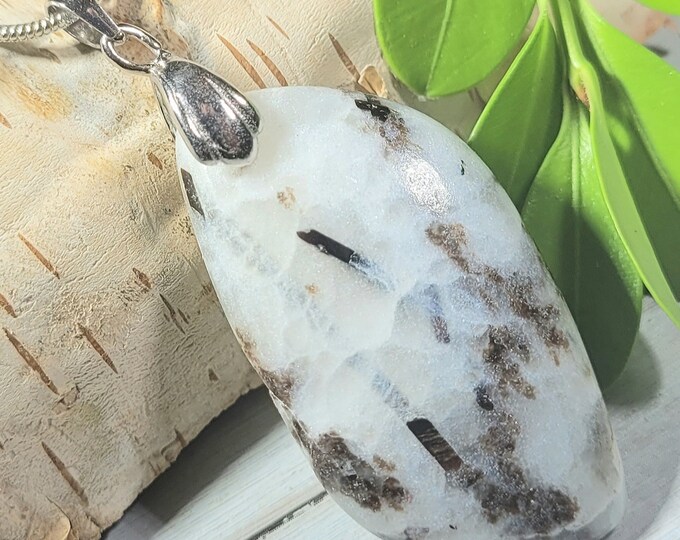 Natural Top Quality Astrophyllite Cabochon .925 Sterling Silver Pendant 2" x 13/16" EH47 Sterling Silver Rhodium Plated  Bail