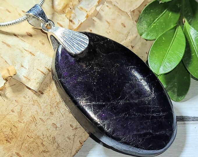 Natural Deep Purple Purpurite Oval Cabochon .925 Sterling Silver Pendant 2" x 7/8" AE30 Solid Sterling Silver Designer Bail