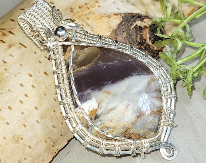 Blue Common Opalized Wood Pendant, Blue Common Opalized Wood Wire Wrapped Sterling Silver Pendant, Hand Wire Wrapped Pendant, HH16