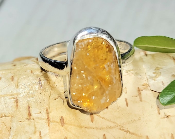 Natural Golden Orange Raw Rough Cut Citrine Handmade .925 Sterling Silver Ring Size 6.5 4 Grams 9/16" x 7/16" CA05