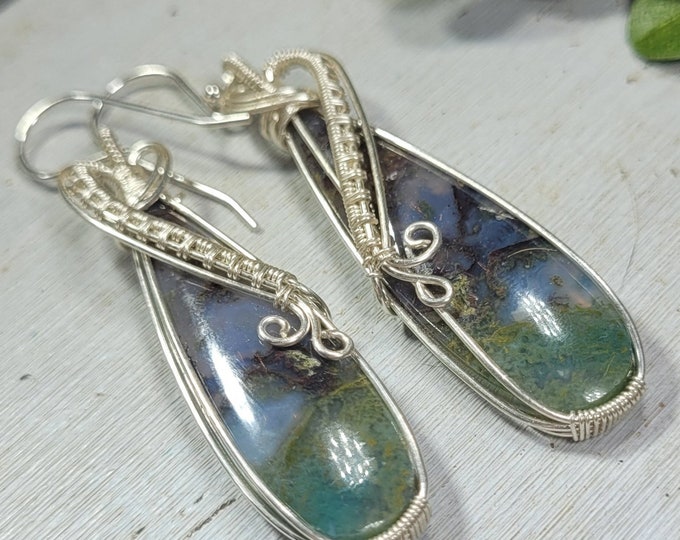 Moss Agate Earrings, Moss Agate Wire Wrapped Earrings, Sterling Silver Wire Wrapped Earrings, Green Moss Agate Wire Wrap Earrings DT22