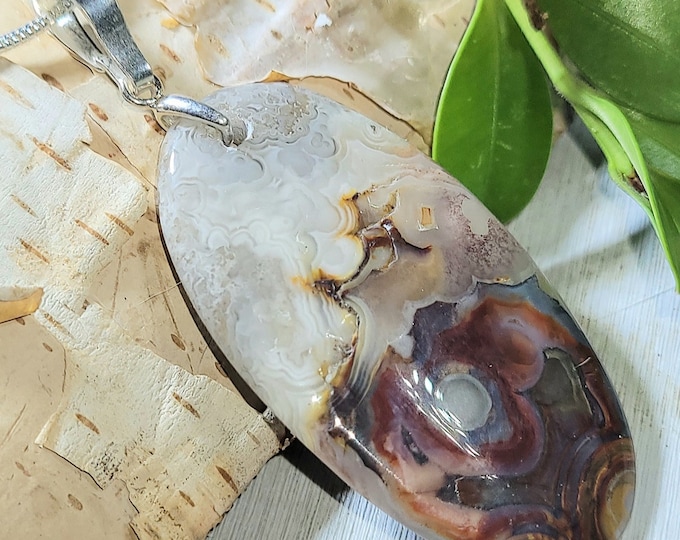 Crazy Lace Agate Pendant, Crazy Lace Agate Sterling Silver Pendant, Oval Agate Pendant, Statement Pendant, Gift for Her,  ET06
