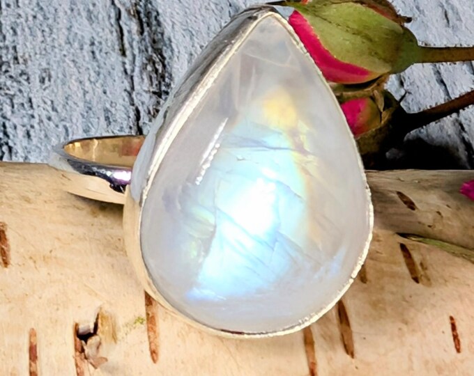 Rainbow Moonstone Sterling Silver Ring: Handmade Pear Moonstone Ring, Size 9.5; KA24