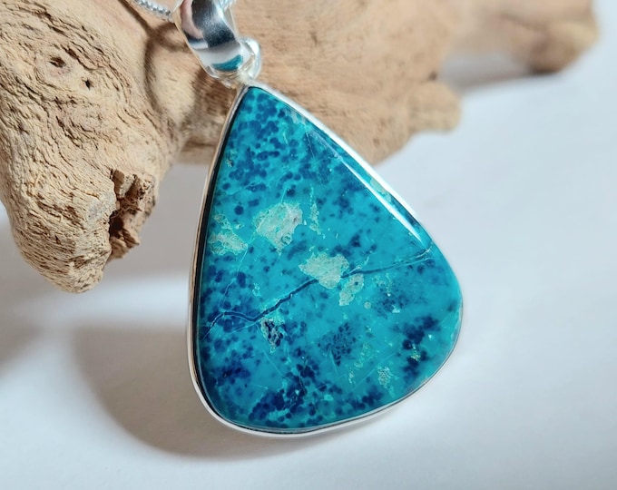 Handmade Chrysocolla Azurite Sterling Silver Statement Pendant 1 3/4 x 1, 12g, JV46