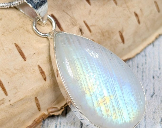 Rainbow Moonstone Sterling Silver Pendant: Handmade Pear Multi-Flash Moonstone Pendant; KA17