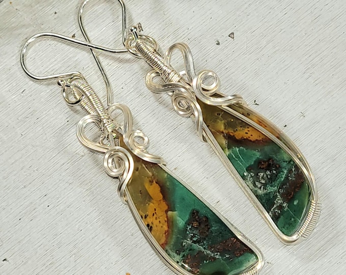 Blue Opalized Earrings, Petrified Wood Earrings, Blue Opalized Sterling Silver Wire Wrapped Earrings , Handmade Earrings, HT22, Gift for Her