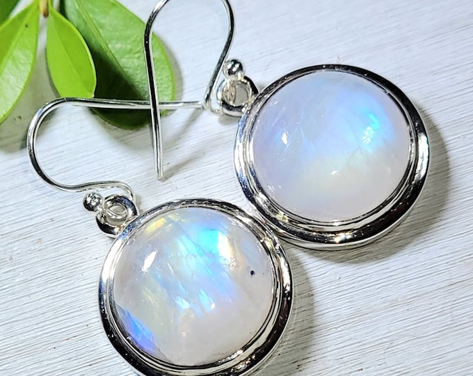Natural High Grade Blue Flash Round Moonstone .925 Sterling Silver Earrings 10 Grams 1 1/4" x 3/4" AR07