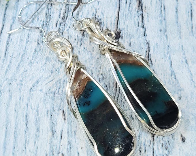 Blue Opalized Wood Earrings, Opalized Sterling Silver Wire Wrapped Earrings, Petrified Wood Earrings, Handmade Earrings, Gift for Her JF08
