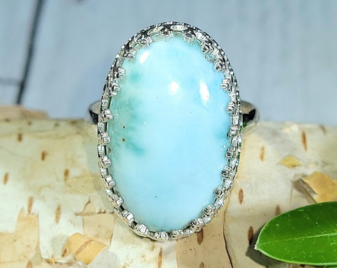 Natural Top Grade Dominican Larimar .925 Sterling Silver Ring Size 8 6 Grams Face 1" x 5/8" AB02 "Designer Style Crown"