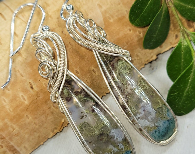 Moss Agate Earrings, Moss Agate Wire Wrapped Earrings, Agate Sterling Silver Wire Wrapped Earrings, Handmade Earrings, Gift for Her, FF14
