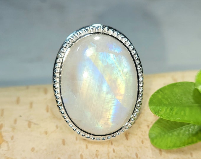 Natural Premium Grade Oval Rainbow Moonstone Handmade .925 Sterling Silver Ring Size 7 Genuine High Quality Moonstone Gift for Her