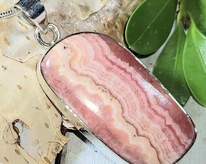 Natural AAA Freeform Argentina Rhodochrosite Handmade .925 Sterling Silver Pendant 1 3/4" x 3/7" 12 Grams EN37