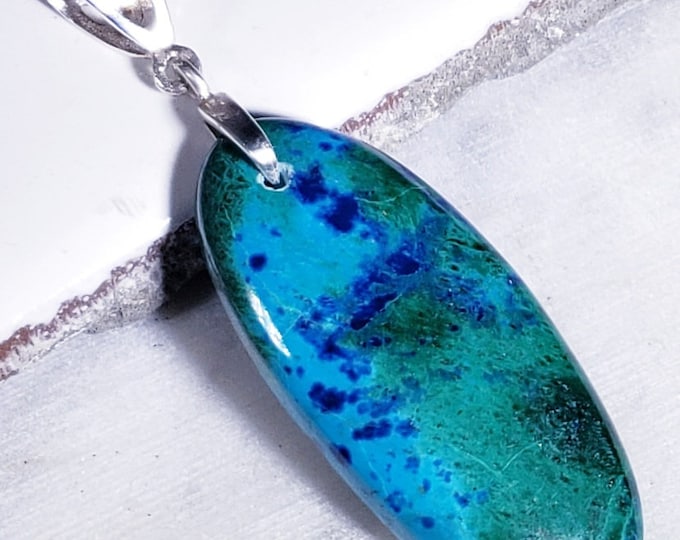 Natural AAA Chrysocolla w/Azurite Oval Cabochon .925 Sterling Silver Pendant  2 1/2" x 3/4" EA08  Heavy Duty Designer Sterling Silver Bail