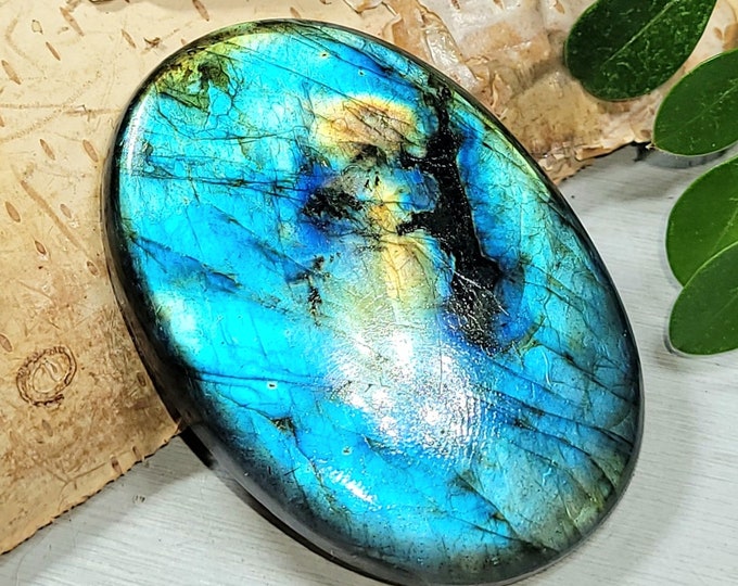 Natural Premium Blue & Multi-Flash Labradorite Oval Cabochon 105ct 48mm x 33mm Wire Wrapping, Weaving or Pendant, Collector AT06
