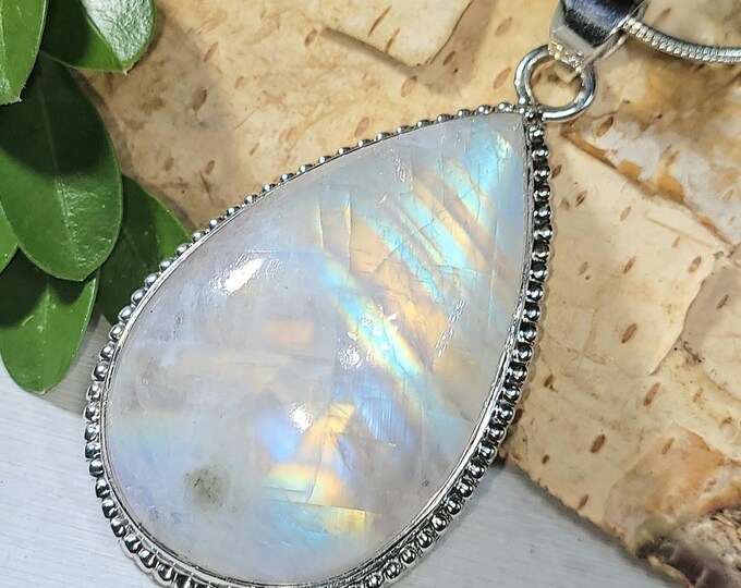 Natural AAA Grade Multi Color Flash Rainbow Moonstone .925 Sterling Silver Pendant 2" x 1" 15 Grams AF16
