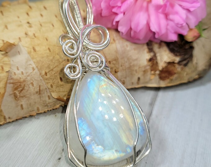 Natural Premium AAA Moonstone Hand Wrapped .925 Sterling Silver Pendant 2 1/8" x  1 1/8" CR01 15 Grams Handmade Wrapped Sterling Silver