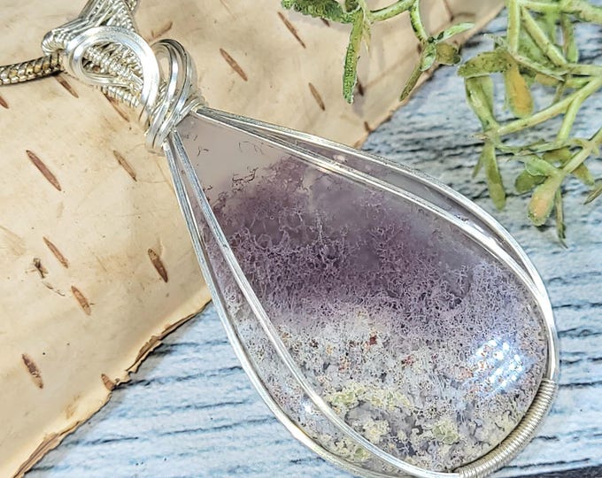 Wire Wrapped Moss Agate Sterling Silver Pendant: Handmade Statement Jewelry, JF31