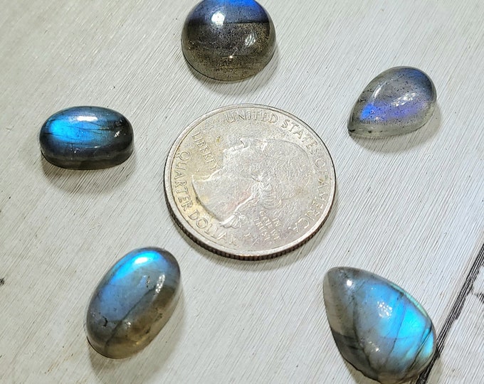 Natural High Grade Blue Fire Labradorite Cabochons 45ct 5 Stone Lot Mixed Sizes & Shapes Weaving or Rings, AK23